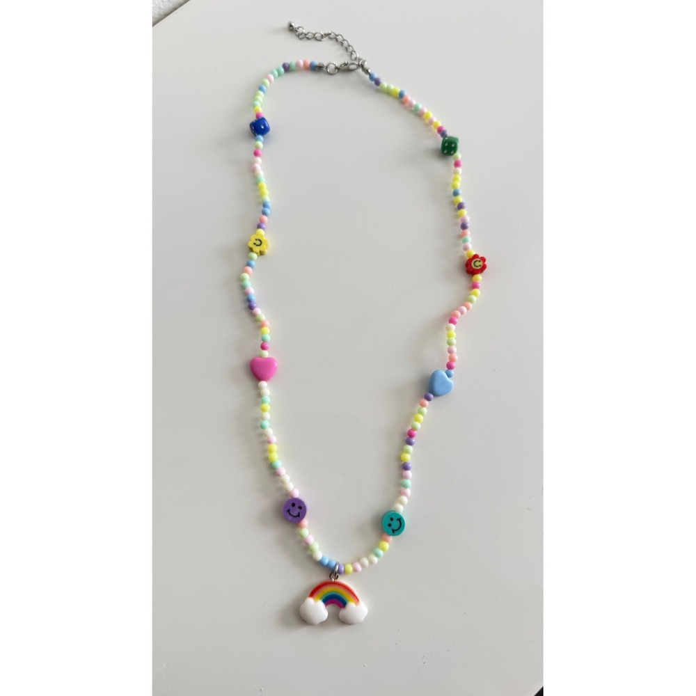 Y2K Beaded Rainbow Charm Necklace Smiley Face Heart Dice Kidcore Pastel Jewelry